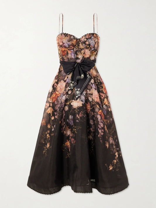 Zimmermann Valiant Belted Floral-print Linen And Silk-blend Bustier Midi Dress