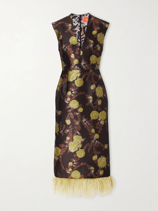 La DoubleJ Feather-trimmed Jacquard Midi Dress