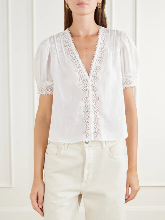 DÔEN Brigitta Lace-trimmed Pintucked Ramie Woven Blouse