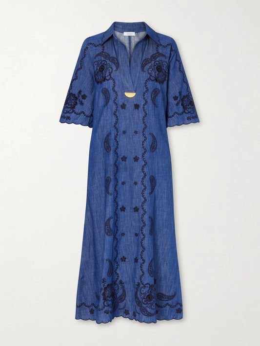Aster Embroidered Denim Midi Dress