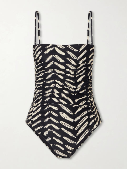 Whispering Tides Ruched Printed Recycled Stretch-jersey One-piece