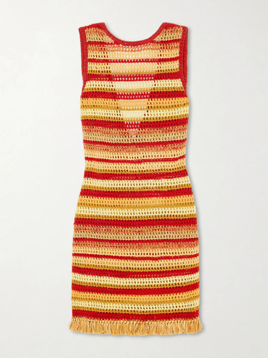 Nevado Fringed Striped Crocheted Cotton Mini Dress