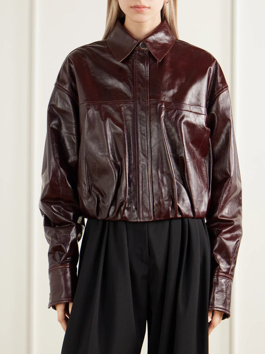 Sportmax Liuti Cropped Gathered Leather Biker Jacket