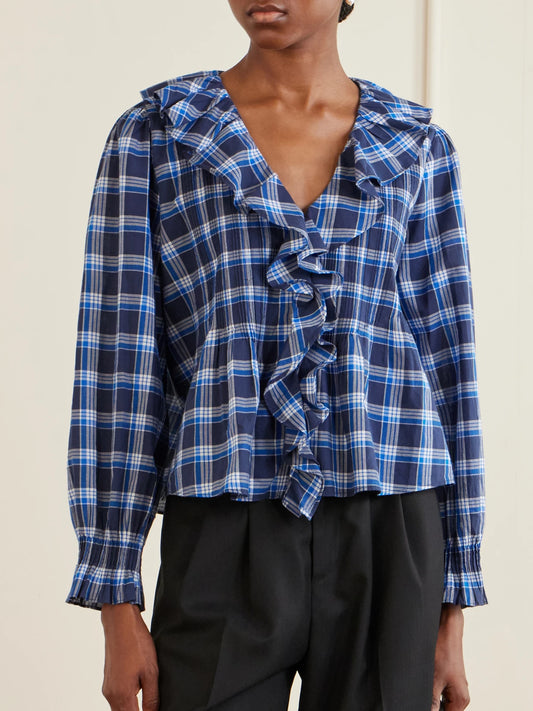 DÔEN Hardy Checked Shirred Organic Cotton Blouse