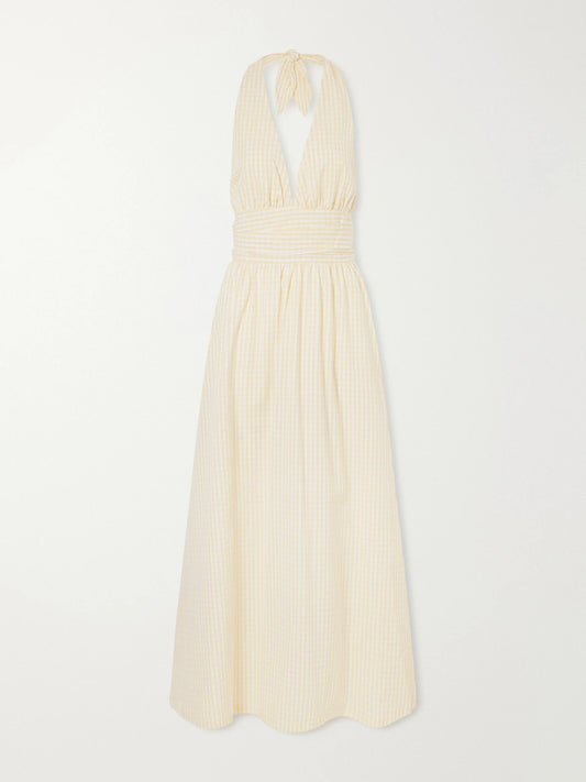 Lido Gathered Checked Cotton Halterneck Maxi Dress