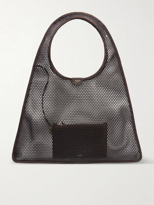One Piece Suede-trimmed Mesh Shoulder Bag