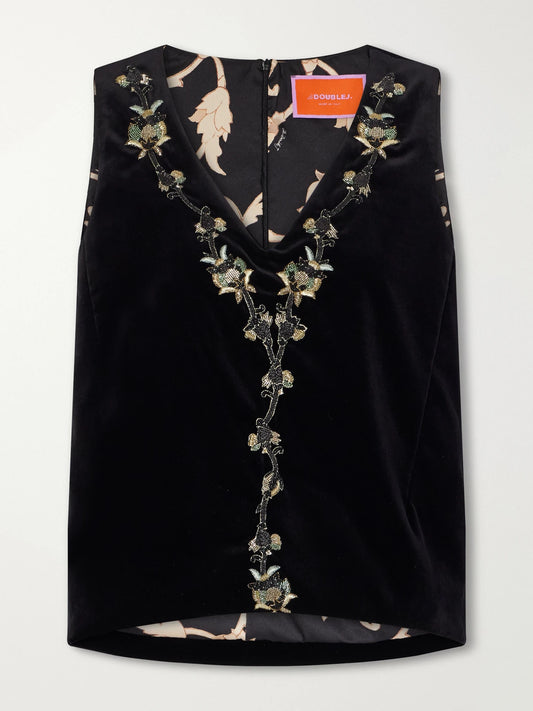 DoubleJ La Scala Bead-embellished Embroidered Cotton-velvet Top