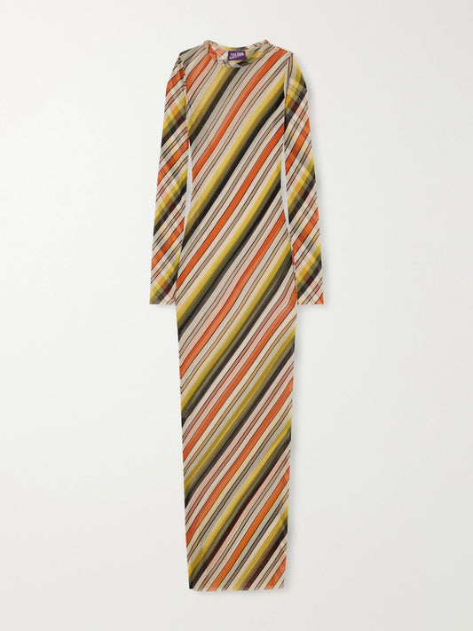 Jean Paul Gaultier Retro Stripe Printed Mesh Maxi Dress