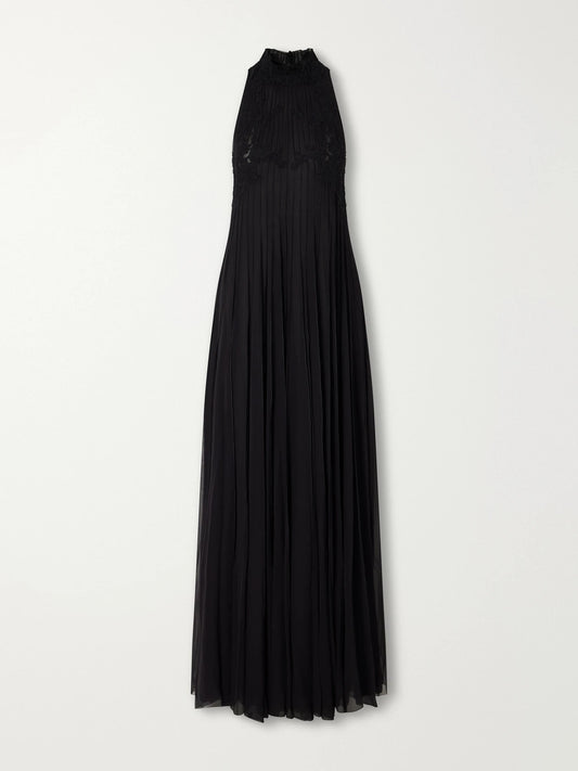 Costarellos Virana Pleated Lace-trimmed Silk-blend Georgette Gown
