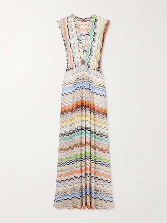 Pleated Striped Crochet-knit Maxi Dress