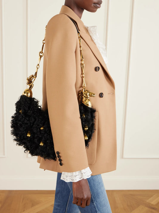Chain Horse Embellished Shearling Shoulder Bag