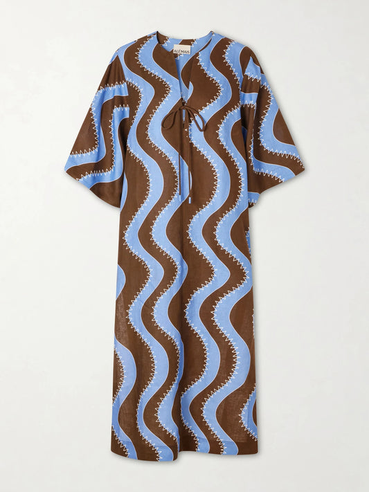 Tie-detailed Embroidered Linen Midi Dress