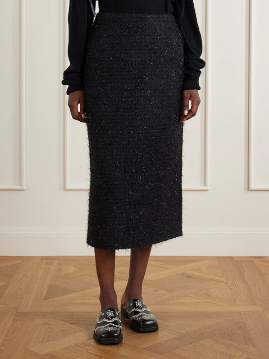 Simone Rocha Shearling-trimmed Metallic-tweed Midi Skirt