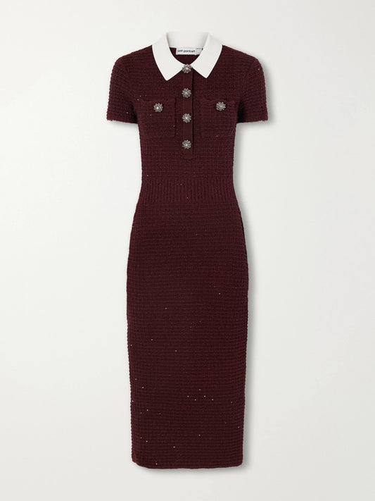 Self-Portrait Crystal And Sequin-embellished Waffle-knit Midi-dress