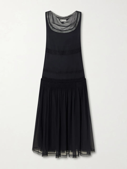 Pleated Lace-trimmed Silk-georgette Midi Dress