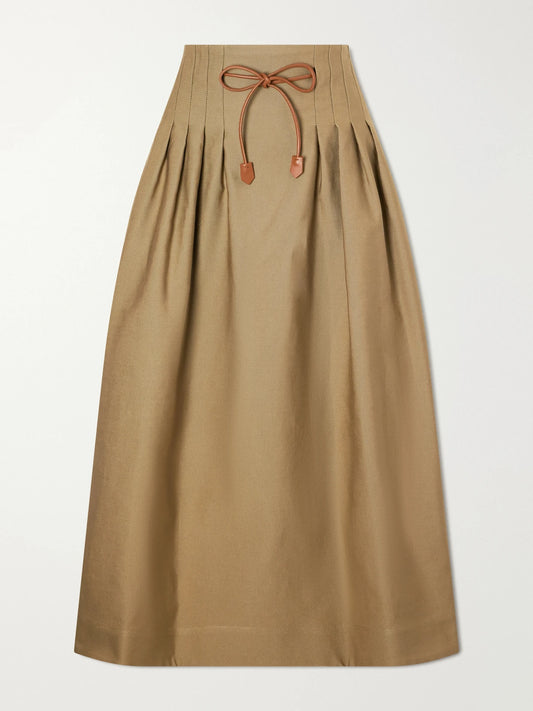 Mxmtempio Belted Pleated Leather-trimmed Cotton Midi Skirt