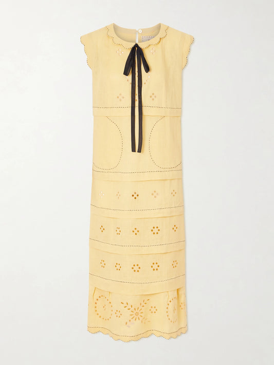 Kiki Tie-detailed Broderie Anglaise-trimmed Linen Midi Dress