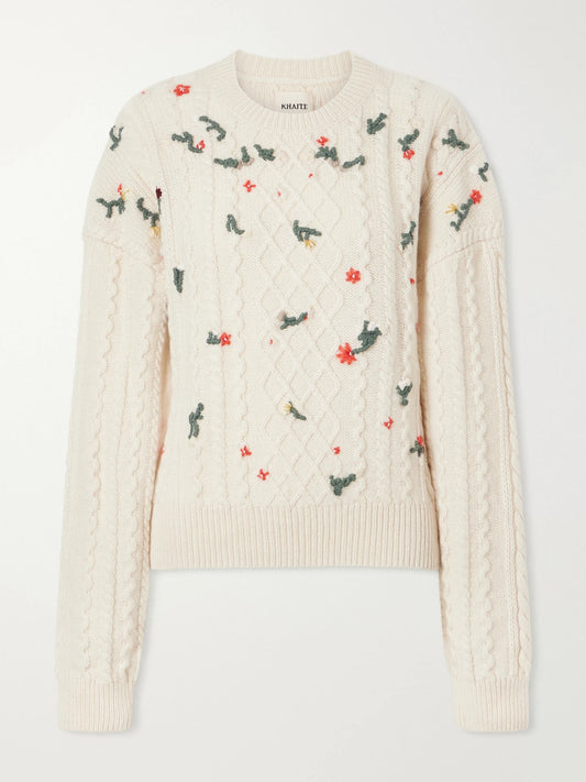 KHAITE Elias Floral-embroidered Cable-knit Cashmere Sweater