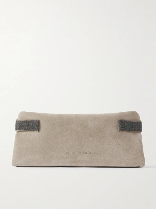 Bead-embellished Leather-trimmed Suede Clutch