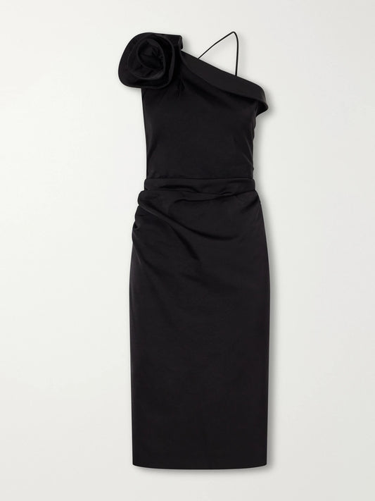 Magda Butrym One-shoulder Appliquéd Gathered Cotton And Silk-blend Knee-length Dress