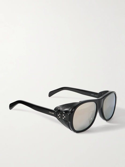 Aviator-style Leather-trimmed Acetate Sunglasses