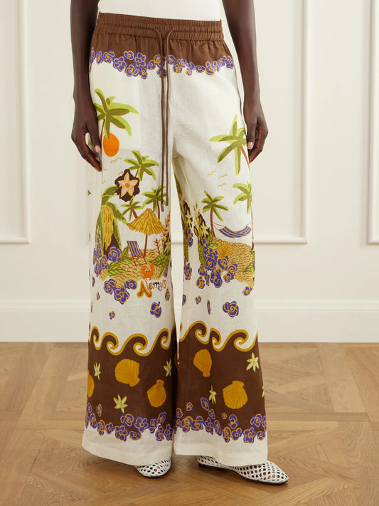 ALÉMAIS Island Cove Printed Linen Wide-leg Pants