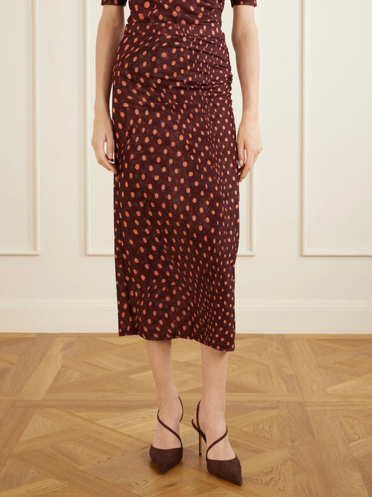 Gathered Polka-dot Mesh Midi Skirt