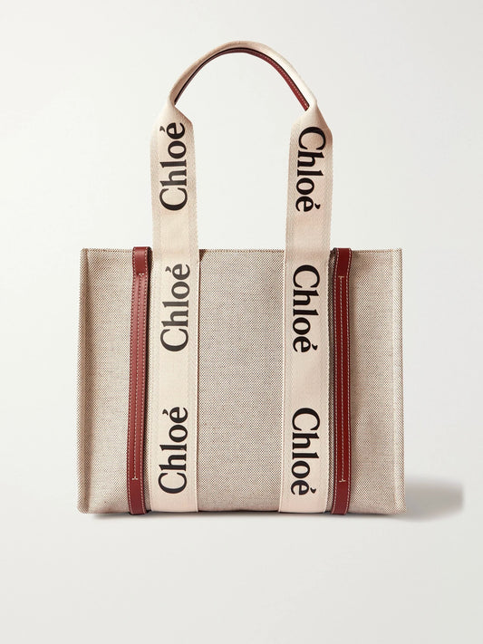 Woody Medium Leather And Webbing-trimmed Linen Tote