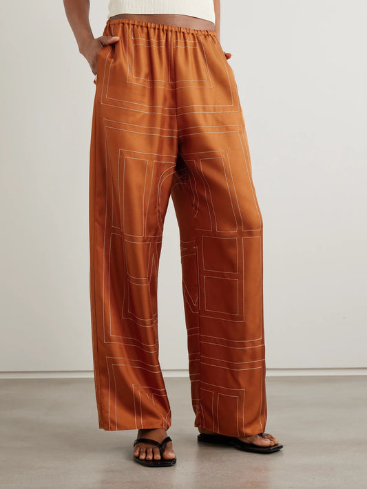 Embroidered Silk-twill Wide-leg Pants