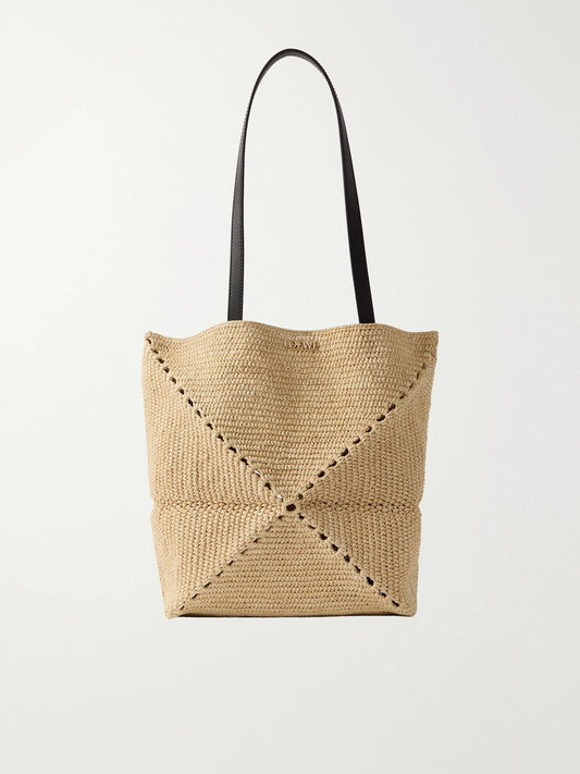 + Paula's Ibiza Puzzle Fold Medium Leather-trimmed Raffia Tote