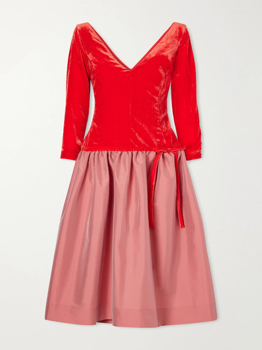 BERNADETTE Inez Bow-detailed Gathered Velvet And Taffeta Midi Dress