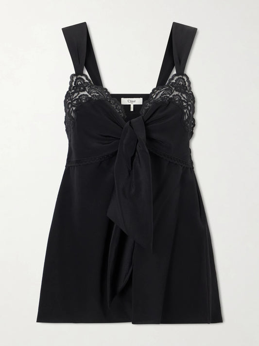 Knotted Lace-trimmed Silk Crepe De Chine Tank