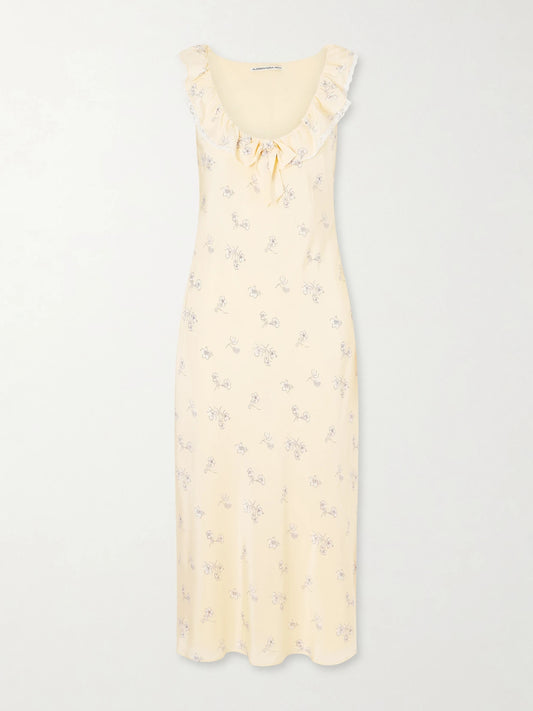 Floral-print Lace-trimmed Silk-satin Midi Dress