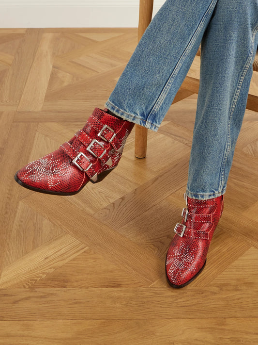 Chloé Susanna Embellished Snake-effect Leather Ankle Boots