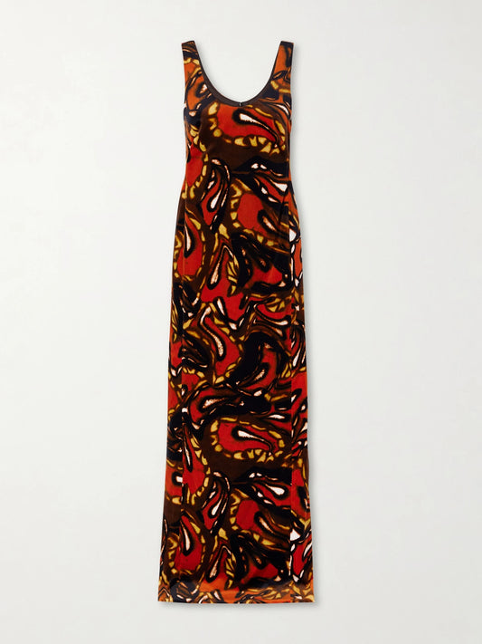 Printed Cotton-blend Velvet Maxi Dress