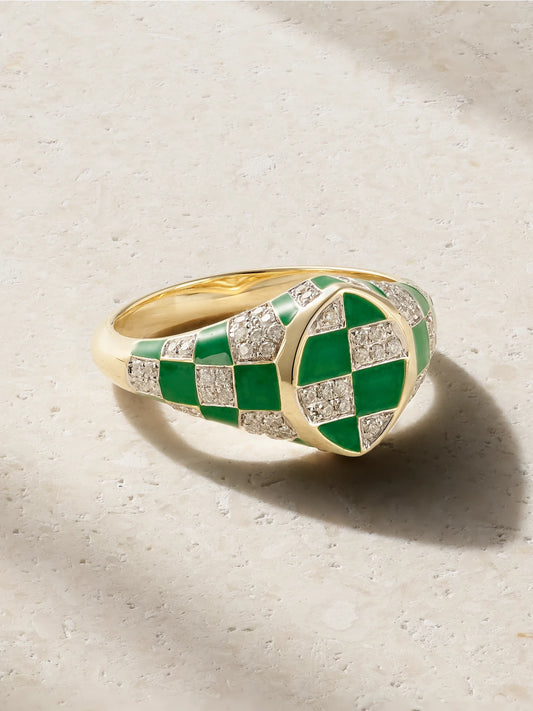 Baby Chevalière Marquise 9-karat Yellow And White Gold, Enamel And Diamond Signet Ring