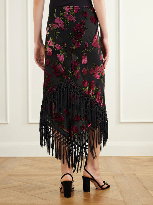 Anna Sui Asymmetric Floral-flock Fringe-trimmed Crepe Midi Skirt