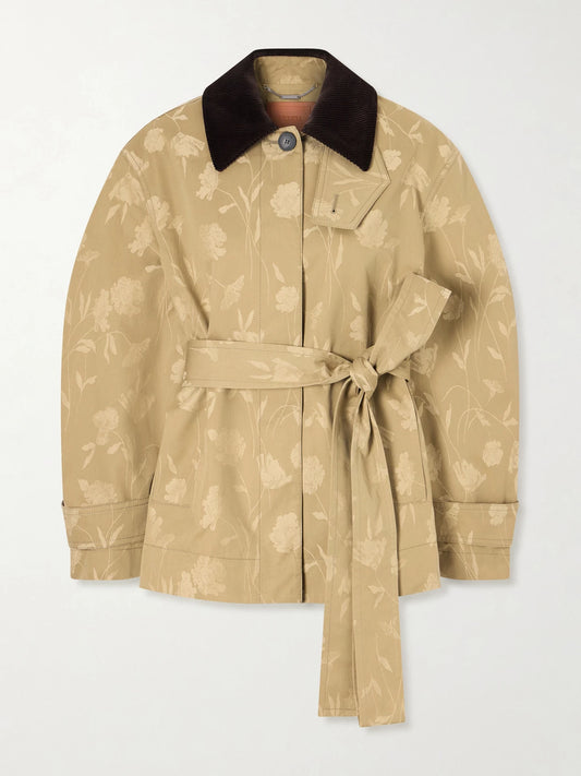 Belted Corduroy-trimmed Floral-jacquard Cotton Jacket