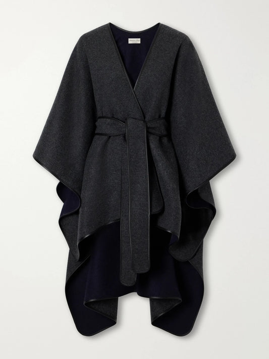 Johnstons of Elgin Dalry Belted Leather-trimmed Two-tone Wool And Cashmere-blend Cape