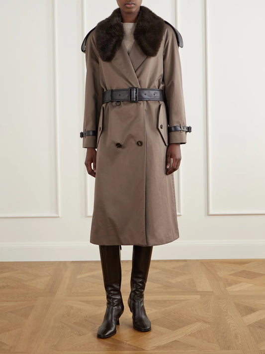 Burberry Leather And Plush-trimmed Cotton-gabardine Trench Coat