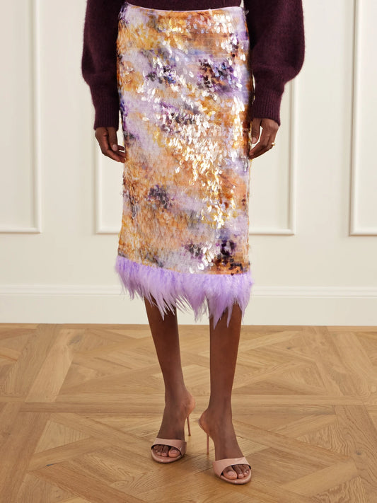 STAUD Lark Sequin-embellished Feather-trimmed Mesh Midi Skirt