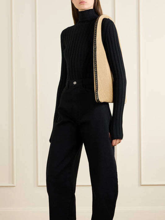 Leather-trimmed Paper Straw Shoulder Bag