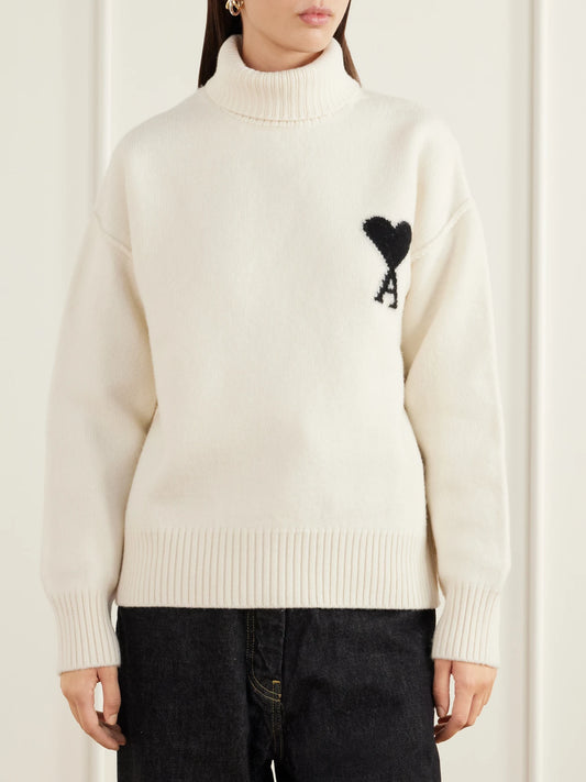 AMI PARIS Oversized Logo-intarsia Wool Turtleneck Sweater