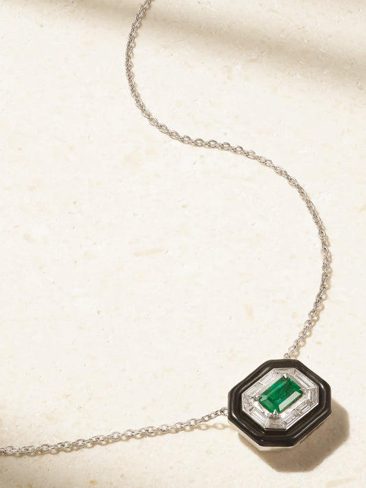 Oui 18-karat White Gold, Emerald, Diamond And Enamel Necklace