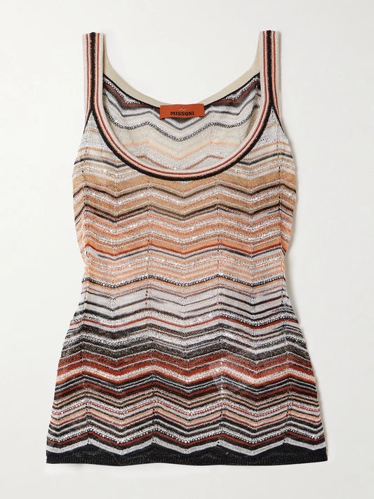 Sequin-embellished Striped Metallic Crochet-knit Tank