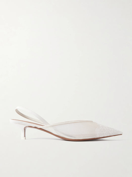 Irena Satin And Lace-trimmed Mesh Slingback Pumps