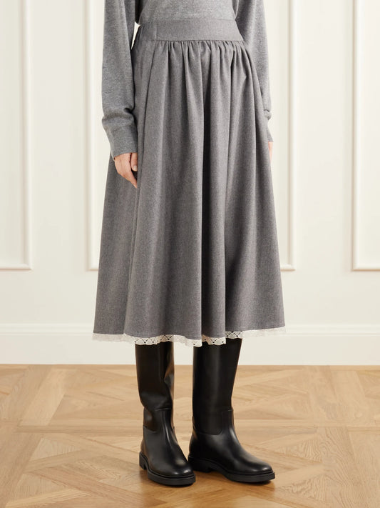 Maria McManus Gathered Lace-trimmed Wool-blend Flannel Midi Skirt