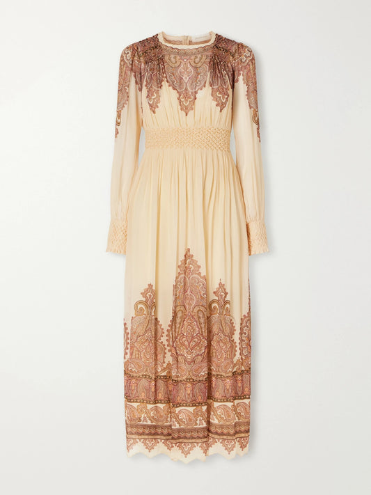 Zimmermann Ascent Smocked Printed Georgette Midi Dress