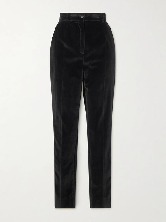 Satin-trimmed Cotton-blend Velvet Slim-leg Pants