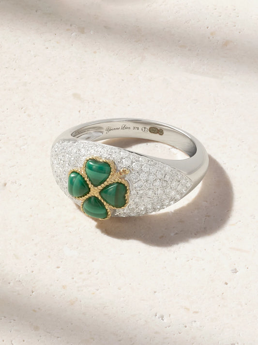 Mini Bague Dôme Trèfle 9-karat White And Yellow Gold, Malachite And Diamond Ring